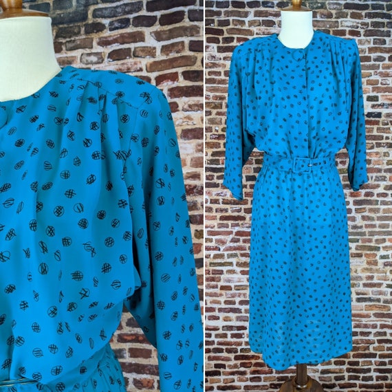 Vintage 80's Dress - Teal Black Polka Dots - Shir… - image 1