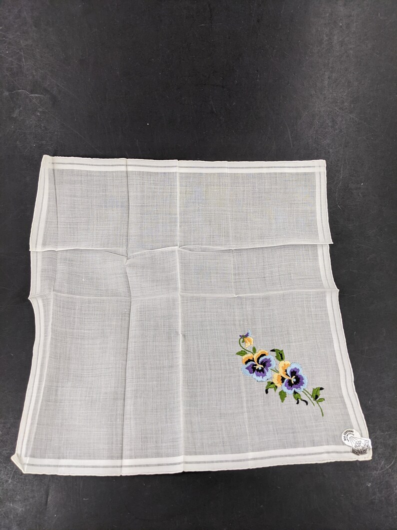 All Cotton Pansy Flowers Vintage Embroidered Handkerchief