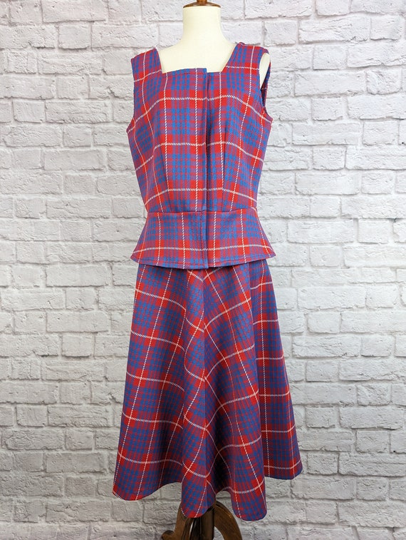 Vintage Mod Two Piece Plaid Dress - Red and Blue … - image 5