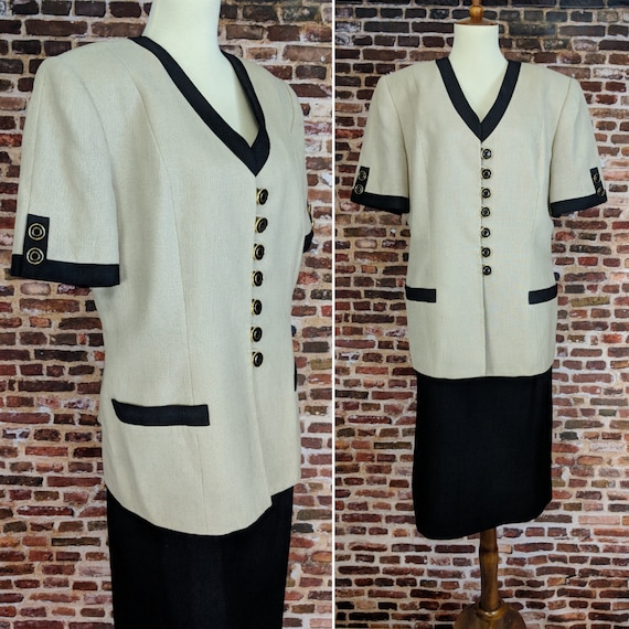Vintage 80's 90's Suit Beige Black Short Sleeve Ja