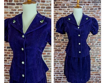Purple Velvet Dress - Vintage 70's Two Piece Outfit - Mini Skirt and Peplum Blouse