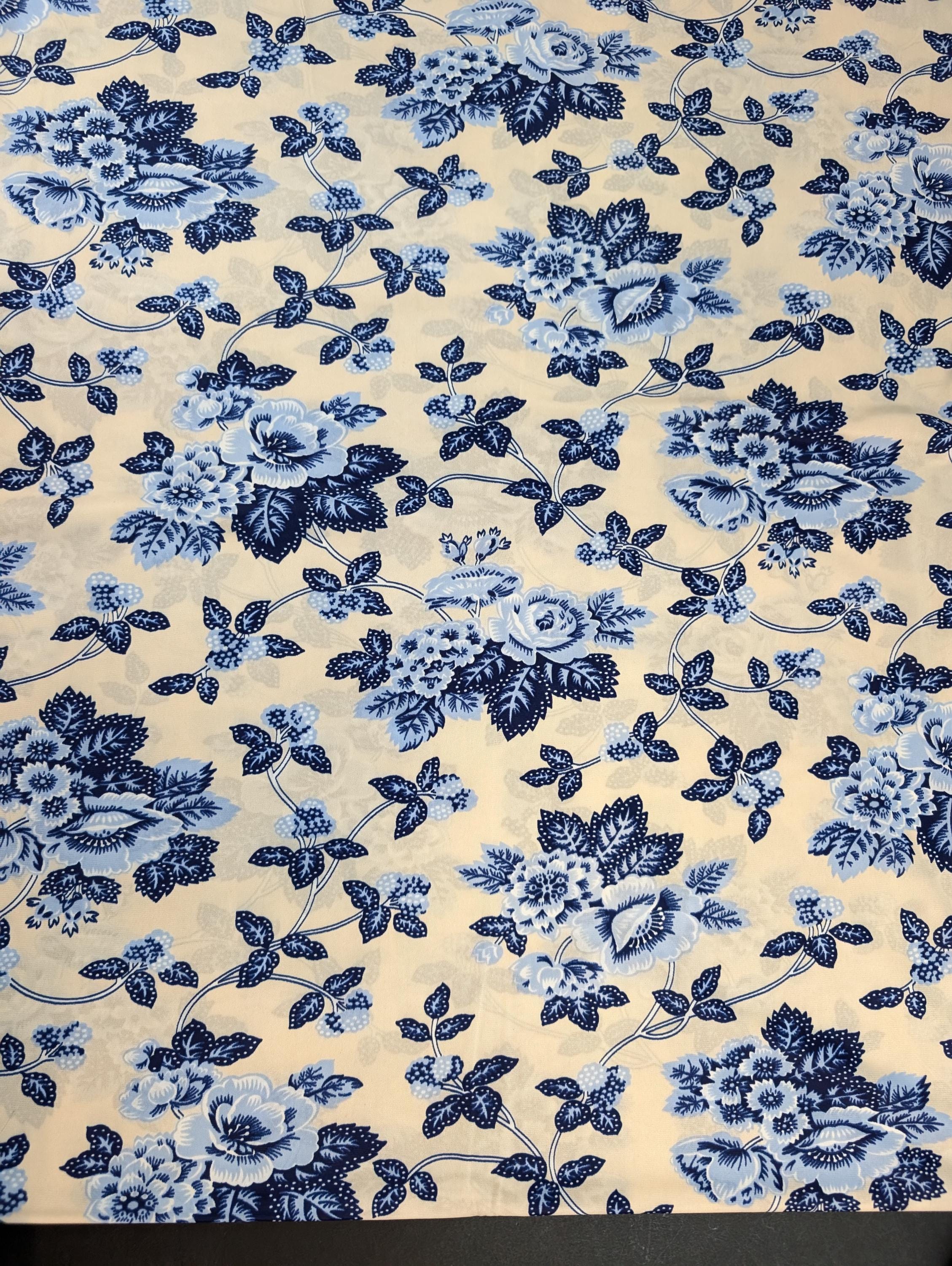 Vintage Sewing Material Fabric - Blue Floral Chintz Print