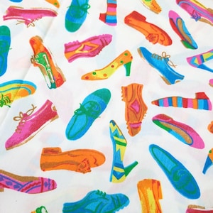Vintage 80&#39;s 90&#39;s Sewing Fabric Colorful Neon Shoes Print Fashion Material 6 Yards Coton