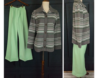 Vintage 70's Women's Leisure Suit - Mint Green Striped Jacket Shirt Flared Leg Pant Suit - Small Pants Large Jacket