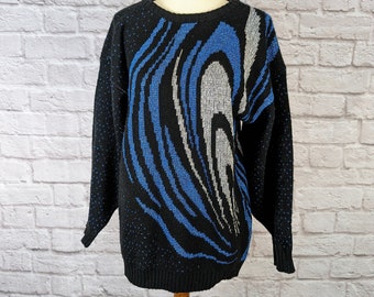 Vintage 80's Sparkle Sweater Black And Silver Colored Knit Size Medium M Acrylic