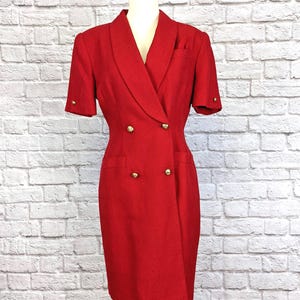 Vintage 80&#39;s Sheath Dress - Red Double Breasted Button Front Size 6 Petite