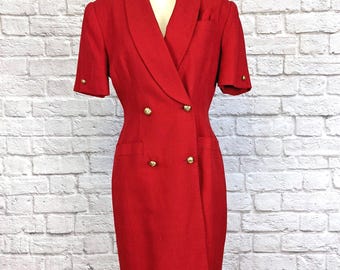 Vestido tubo vintage de los años 80 - Rojo, cruzado, con botones al frente, talla 6 pequeña