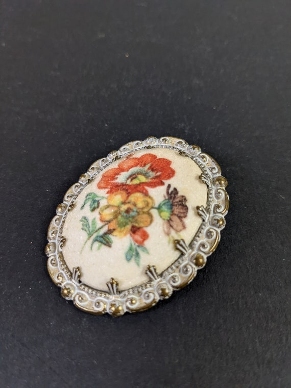 Oval Floral Bouquet Brooch - Framed Picture Pin -… - image 1