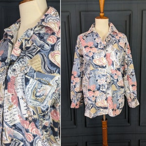 Vintage 80&#39;s 90&#39;s Women&#39;s Blouse - Pink Blue Novelty Print Cotton Shirt - Size Small