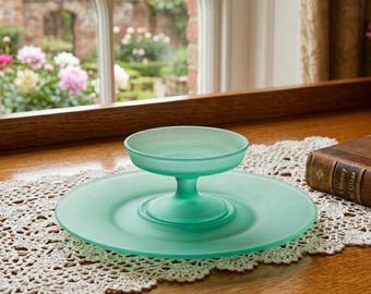 Tiffin Uranium Glass Dessert Set Satin Green Plate and Sherbet UV Reactive Depression Glass Serving Set