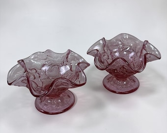 Fenton Pink Inverted Strawberry Sundae Dishes Set of 2 Vintage Ruffled Glass Dessert Bowls Pedestal Compotes