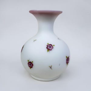 Fenton Raspberries & Blossoms Satin Glass Vase | Hand Painted Pink Rim Signed Sue Jackson