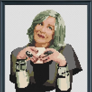 May include: Cross-stitch pattern of a woman with gray hair and a black shirt. The text below her says "Gossip is the devil's telephone. Best to just hang up."