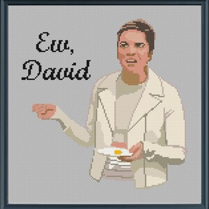 May include: A cross-stitch pattern featuring a person with a surprised expression holding a plate with a fried egg on it. The text "Ew, David" is written in black cursive above the person.