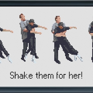 May include: Four men in black clothing are shown in a series of four poses, each one a step in a dance move. The men are holding each other and moving their arms and legs in a synchronized fashion. The text "Shake them for her!" is written below the images.