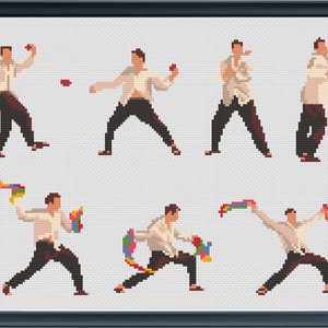 Puede incluir: Una ilustración digital de un hombre con camisa blanca y pantalón negro realizando ocho movimientos de baile diferentes. El hombre sostiene bolas rojas en sus manos en las primeras cuatro imágenes y pañuelos coloridos en las últimas cuatro imágenes.