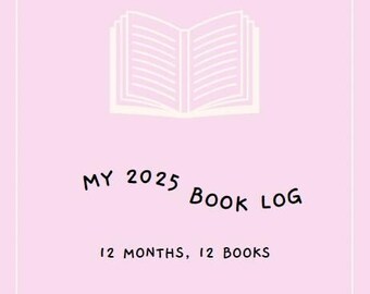 Könnte beinhalten: Ein rosa Hintergrund mit einer weißen Umrandung eines geöffneten Buches. Der Text "MY 2023 BOOK LOG" ist in Schwarz geschrieben. Unter dem Text steht "12 MONTHS, 12 BOOKS" in Schwarz.
