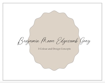 Könnte beinhalten: Ein beiger Kreis mit einem gewellten Rand, mit dem Text "Benjamin Moore Edgecomb Gray" und "5 Colour and Design Concepts" in Schwarz.