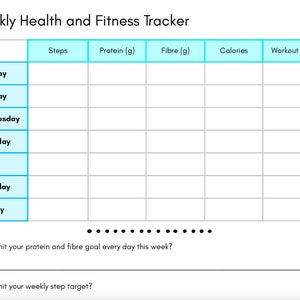 May include: A weekly health and fitness tracker with a table to log steps, protein, fiber, calories, and workout for each day of the week. The table has a light blue border and the days of the week are listed in a column on the left. There are two questions at the bottom of the tracker: "Did you hit your protein and fiber goal every day this week?" and "Did you hit your weekly step target?"
