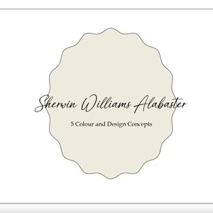 Puede incluir: Un círculo blanco con un borde festoneado, con el texto "Sherwin Williams Alabaster" y "5 Colour and Design Concepts".