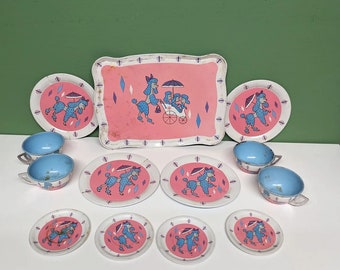 vintage poodle tin play dishes