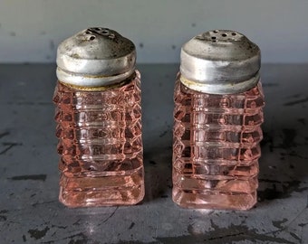 vintage pink depression glass salt and pepper shakers