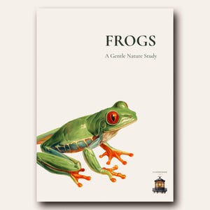 Op de afbeelding: Boekomslag met een gedetailleerde illustratie van een groene boomkikker met rode ogen en oranje voeten. De titel "FROGS" wordt vetgedrukt weergegeven, met daaronder "A Gentle Nature Study".