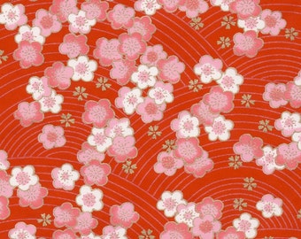 Chiyogami or yuzen paper - pink and white cherry blossoms on a cherry red background with gold plum blossom accents, 9x12 inches