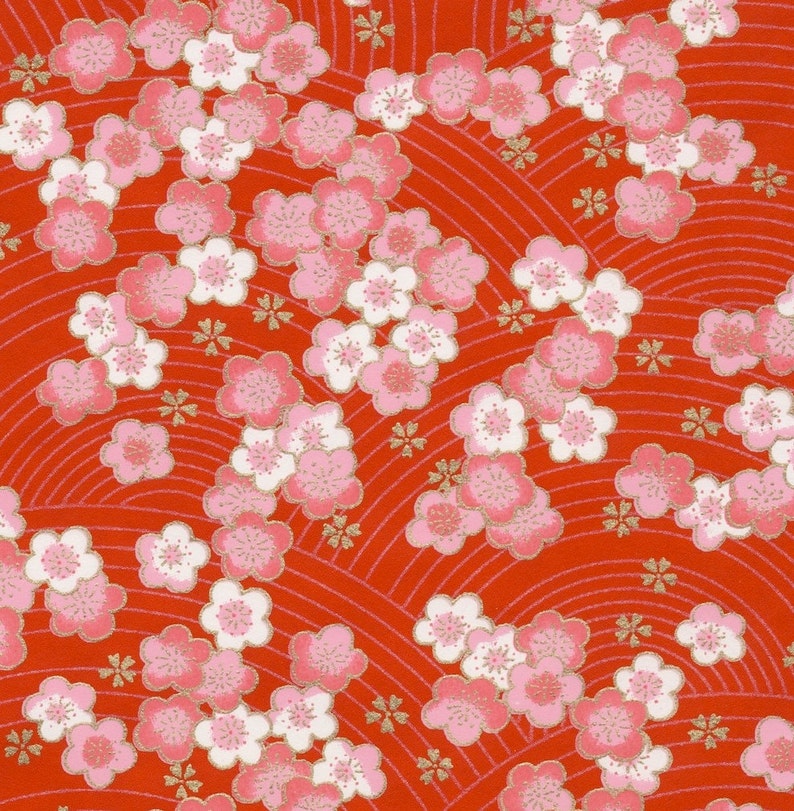 Chiyogami or yuzen paper pink and white cherry blossoms on a cherry red background with gold plum blossom accents, 9x12 inches image 1