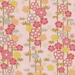 NOUVEAU - Papier Chiyogami ou yuzen - sakura et bambou, rose, orange et platine avec accents dorés sur fond rose irisé, 9x12 pouces