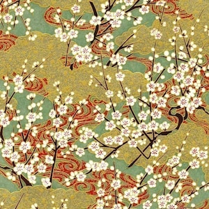 Chiyogami oder Yuzen-Papier, 23x30cm, goldene und grüne Frühlingsblüten