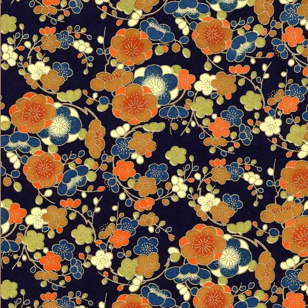 Chiyogami or yuzen paper - mango blossoms with metallic gold on indigo, 9x12 inches