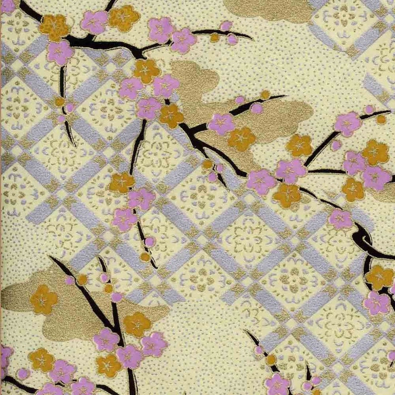 Chiyogami or yuzen paper wispy plum branches with lavender and gold blossoms, 9x12 inches image 1