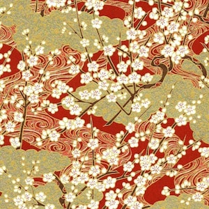 Chiyogami o carta yuzen - fiori primaverili dorati e rossi, 9x12 pollici