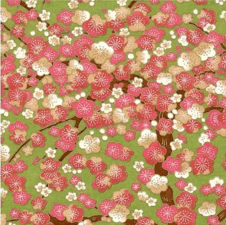 Chiyogami or yuzen paper cherry blossoms pink and green, 9x12 inches image 1