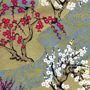 Carta Chiyogami o yuzen - pruni swirly dorati con onde bianche, magenta e blu ardesia, 9x12 pollici
