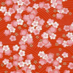 Chiyogami or yuzen paper pink and white cherry blossoms on a cherry red background with gold plum blossom accents, 9x12 inches image 2