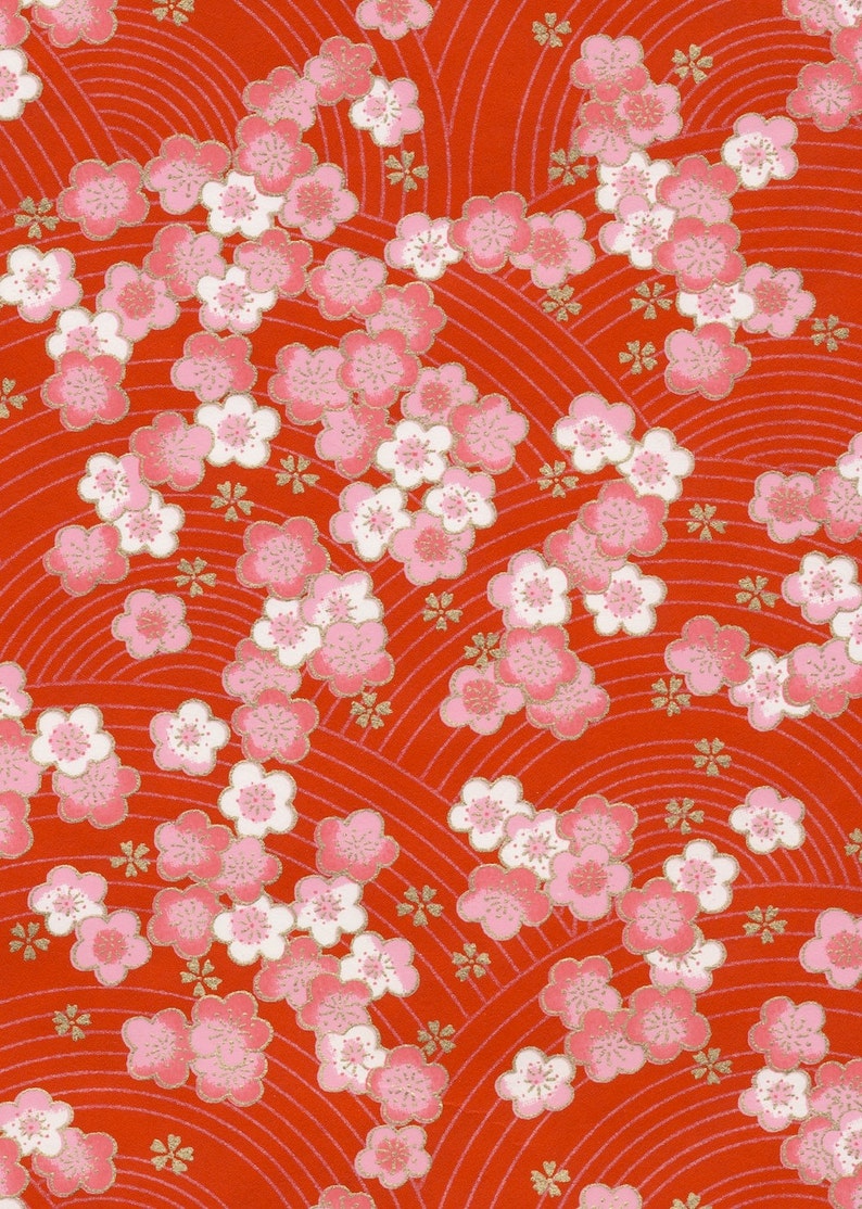 Chiyogami or yuzen paper pink and white cherry blossoms on a cherry red background with gold plum blossom accents, 9x12 inches image 2