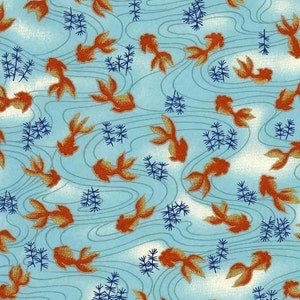 Chiyogami oder Yuzen-Papier - orange Koi im Teich, blau und gold, 23x30cm