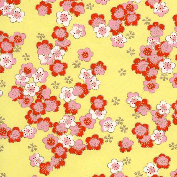 Chiyogami or yuzen paper - scattered cherry blooms - in pinks on sunny yellow, 9x12 inches