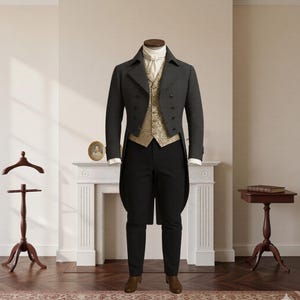 May include: A formal grey tailcoat suit with a gold patterned waistcoat, white shirt, and black trousers. The suit is displayed on a mannequin. Brown shoes complete the ensemble, showcasing historical fashion.