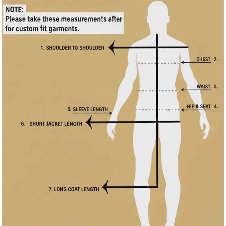 May include: A beige instructional diagram featuring a white silhouette of a human figure with black lines and arrows indicating seven body measurement points: shoulder to shoulder, chest, waist, hip and seat, sleeve length, short jacket length, and long coat length.