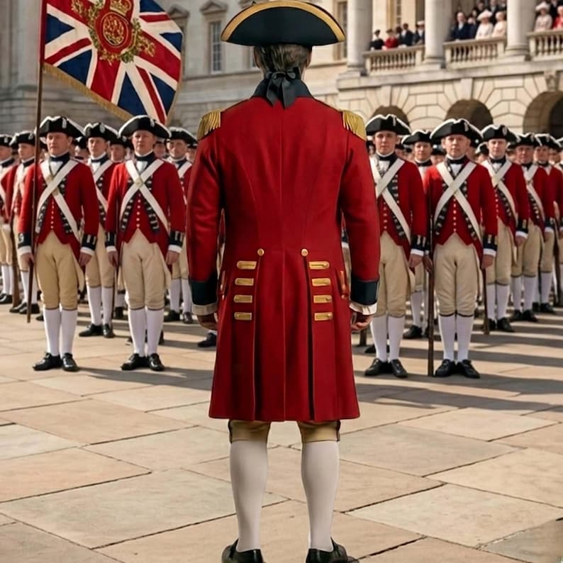May include: A soldier in a red military coat with gold trim, a black bicorne hat, and white breeches stands in a formation. The soldier wears white cross-belts over the coat. A large Union Jack flag with a central emblem is held to the left.