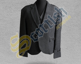Tweed kiltjas en -vest voor heren, antracietgrijs argyle Highland Wear, Schotse trouwoutfit