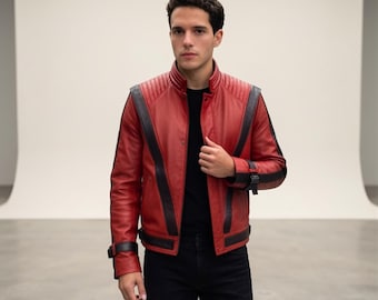 Chaqueta de cuero roja para hombre, estilo icono del pop, abrigo de motero Thriller, estilo disfraz de estrella del pop.