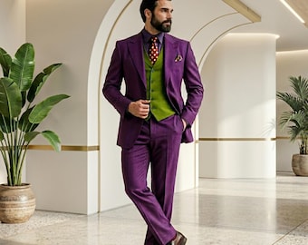 Herren Purple Joker Inspiriert 3-teiliger Anzug mit grüner Weste | Halloween Kostüm Cosplay Blazer