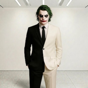 May include: A figure with green hair and white face paint with dark eye makeup and a red smile, wearing a two-toned suit jacket and trousers that are black on the left side and cream on the right side, paired with a light shirt and black tie.