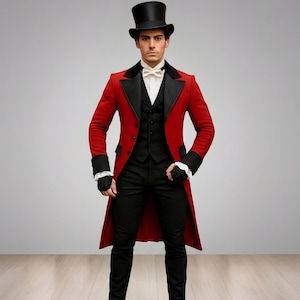 Red Tailcoat Tuxedo Set | Victorian Ringmaster Coat, Black Waistcoat, Moulin Rouge Inspired