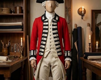 May include: A red military-style coat with black trim and white buttons, paired with a cream-colored vest and pants. The outfit is completed with a black tricorn hat and white ruffled cuffs. The ensemble is displayed on a mannequin.