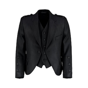May include: A black formal jacket with a matching vest. The jacket has a notched lapel, button closures, and decorative buttons on the sleeves. The vest has a V-neck and button closures. The outfit is displayed on a white background.